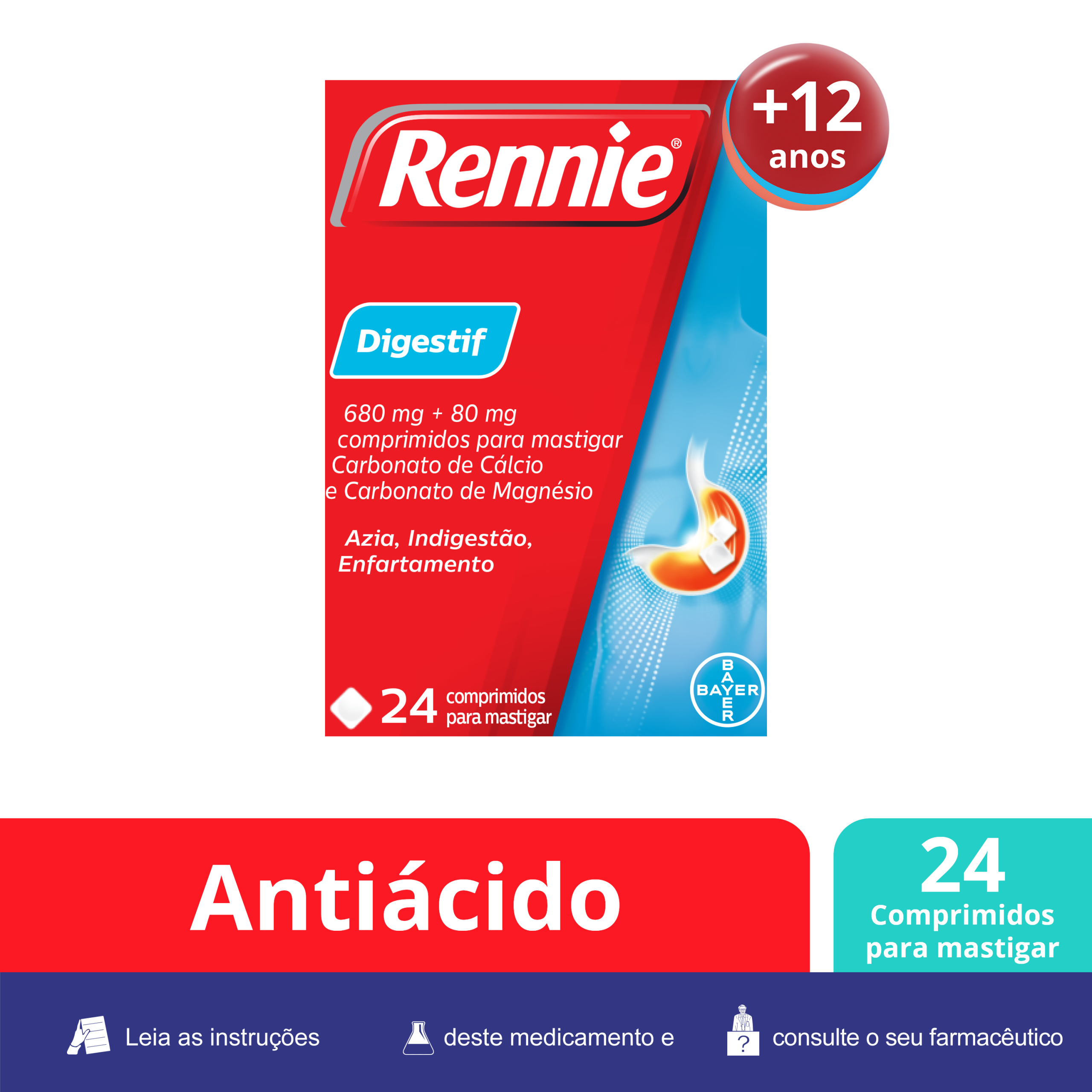 Rennie Digestif 680/80 mg 24 Comprimidos Mastigáveis
