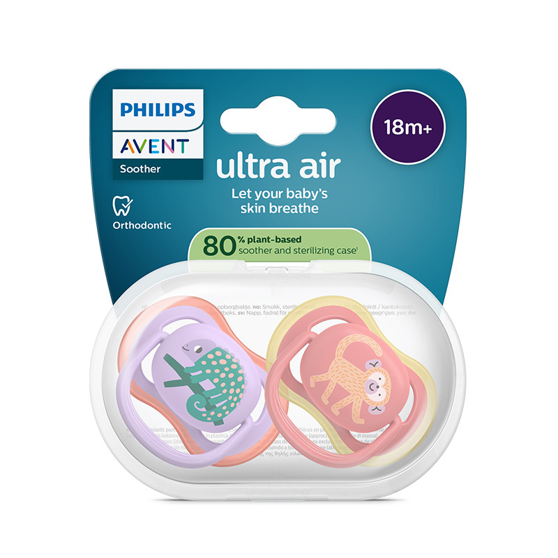 Philips Avent Ultra Air Chupeta Camaleão e Macaco 18M+ | 2 Chupetas Silicone