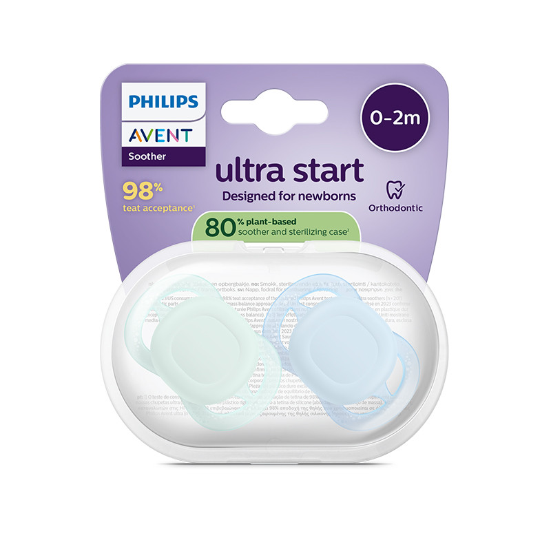 Philips Avent Ultra Start Chupeta Verde e Azul 0-2M | 2 Chupetas Silicone