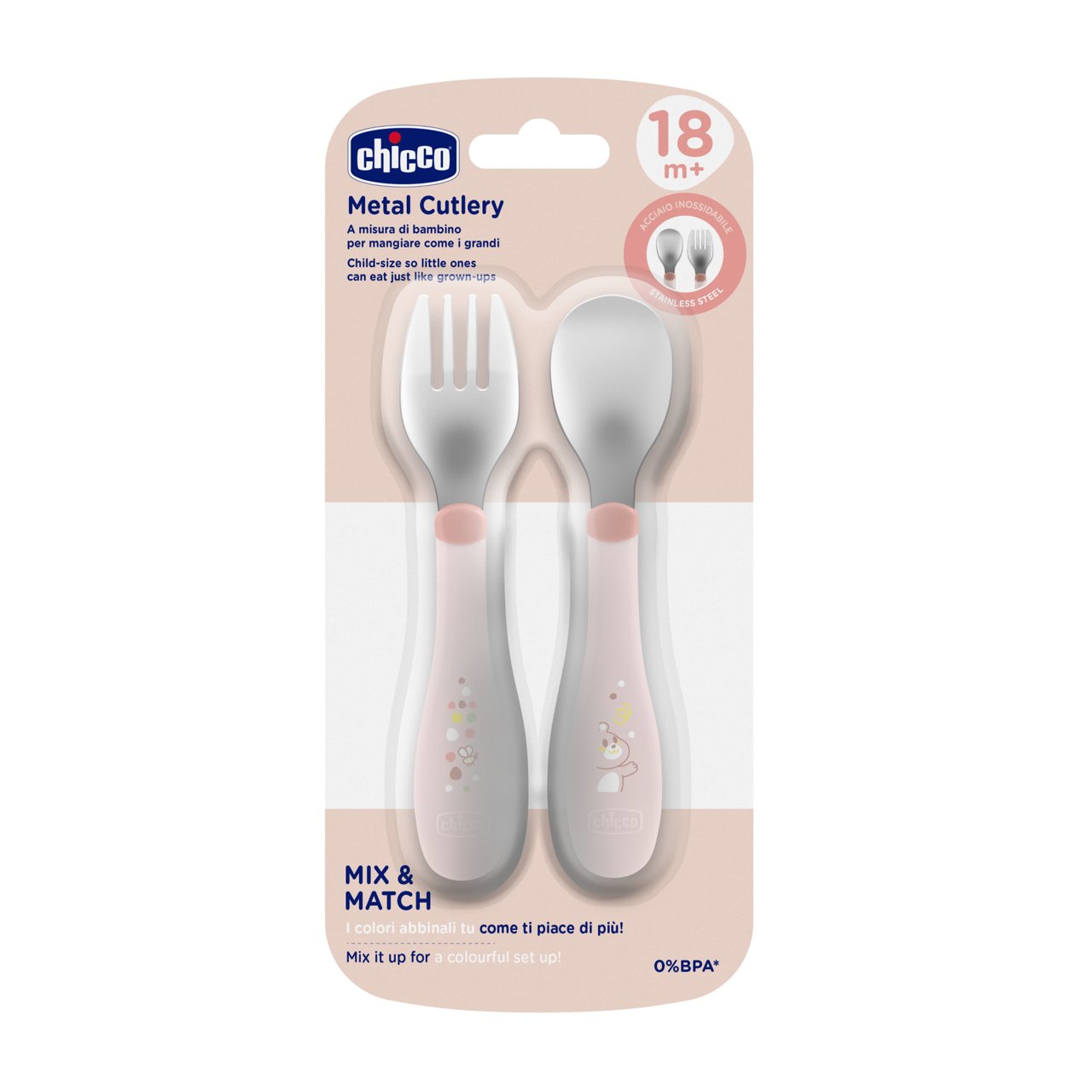 Chicco Conjunto de Talheres Inox Rosa 18M+